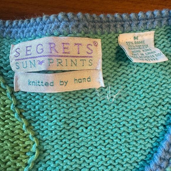 Segrets Sun Prints Vintage Hand Knit Grannycore Blue Cardigan, Cotton/Ramie Med - Picture 5 of 7